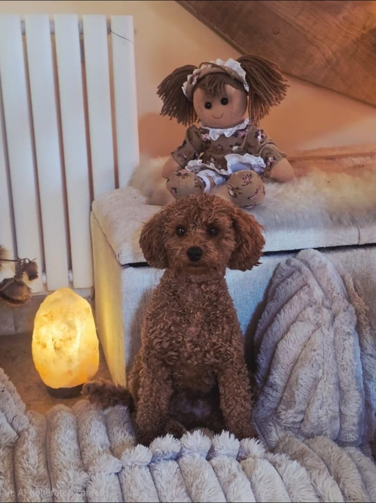 Tosia sitting on a soft blanket beside a warm lamp