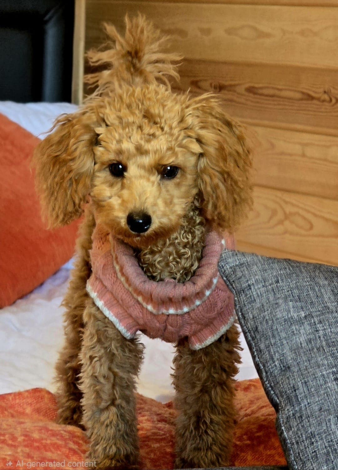 Tosia in a pink jumper and pearl collar, standing indoors